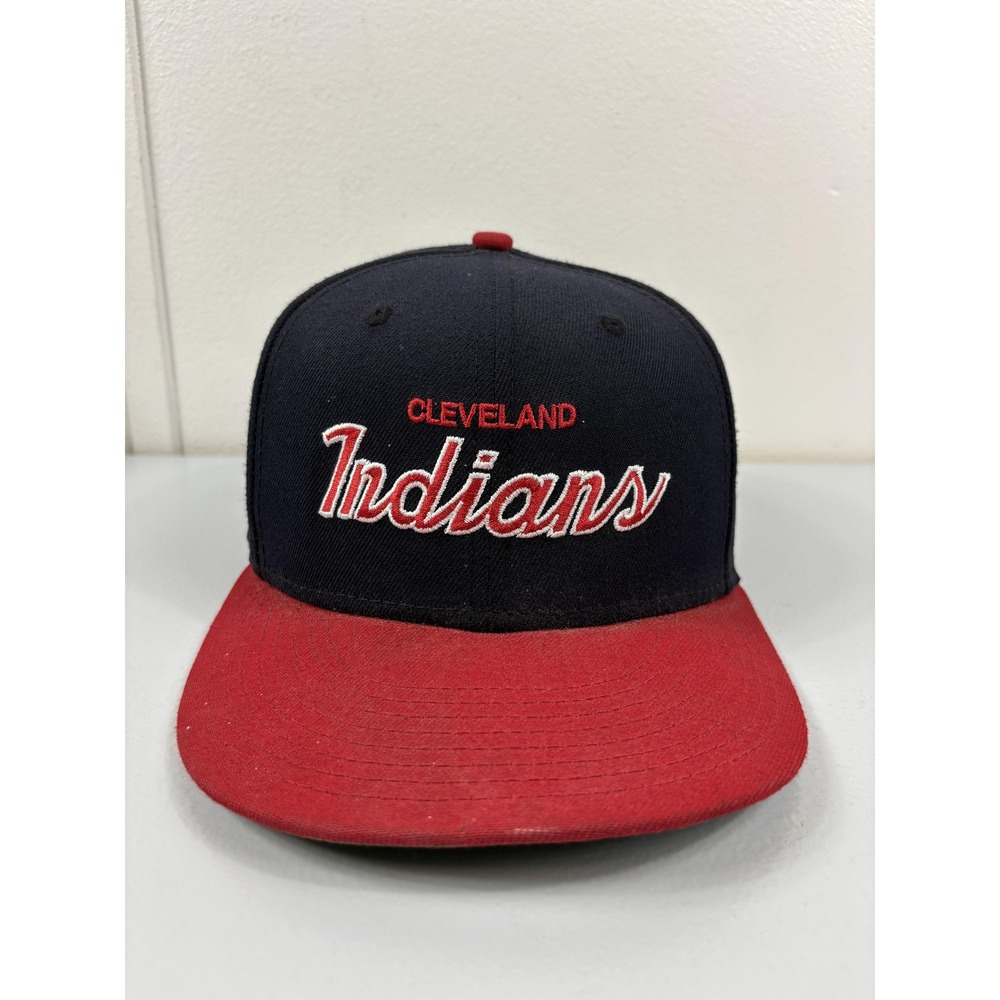 Cleveland Indians Hat Script Cap Fitted Mens 7 3/8 Blue Red MLB Baseball New Era